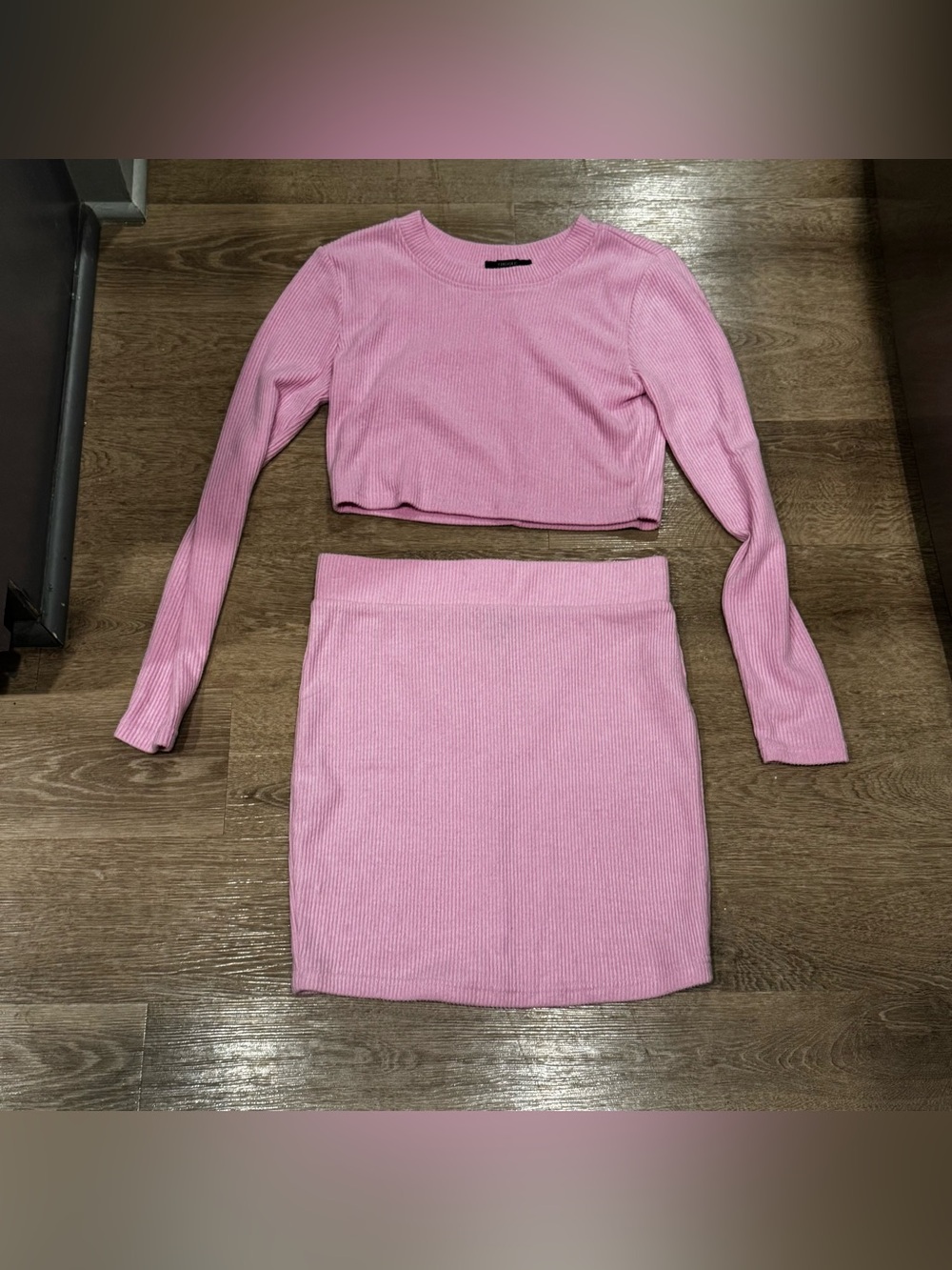 Forever 21 Pink Ribbed Long-Sleeve Crop Top & Pencil Skirt Set